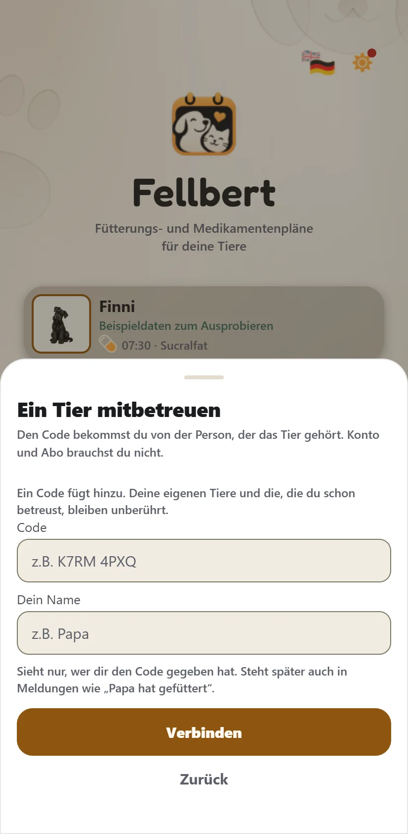 Das Blatt „Ein Tier mitbetreuen“ in Fellbert: Felder für den Code und deinen Namen, darunter der Knopf „Verbinden“. Konto und Abo brauchst du nicht.