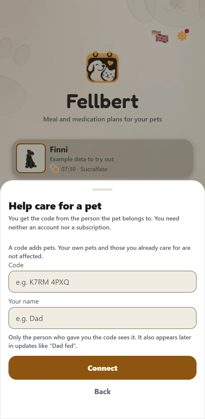 The sheet for helping care for a pet in Fellbert: fields for the code and your name, and below them the “Connect” button. You need neither an account nor a subscription.