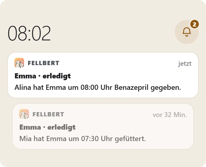 Beispiel aus der App: zwei Mitteilungen von Fellbert. Alina hat Emma um 08:00 Uhr Benazepril gegeben. Mia hat Emma um 07:30 Uhr gefüttert.