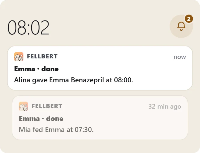 Example from the app: two notifications from Fellbert. Alina gave Emma Benazepril at 08:00. Mia fed Emma at 07:30.